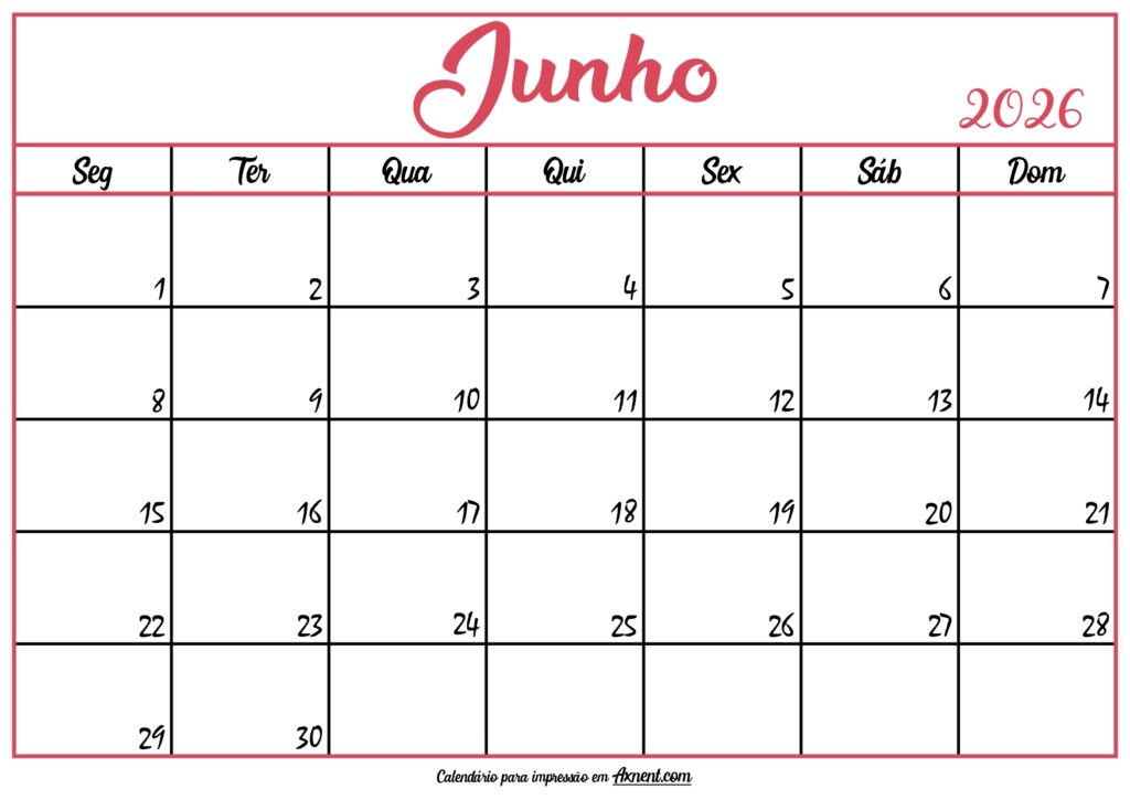 Calendário Junho 2026