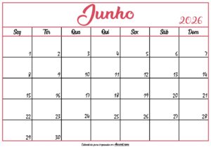 Calendário Junho 2026