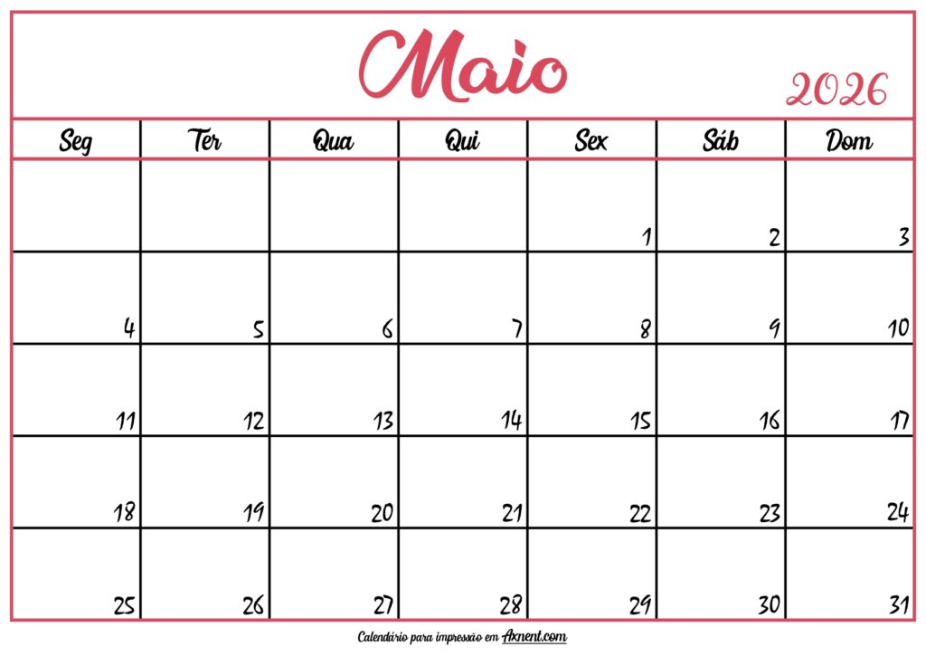 Calendário Maio 2026