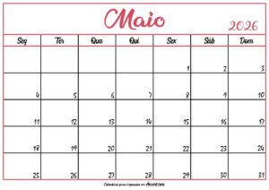 Calendário Maio 2026