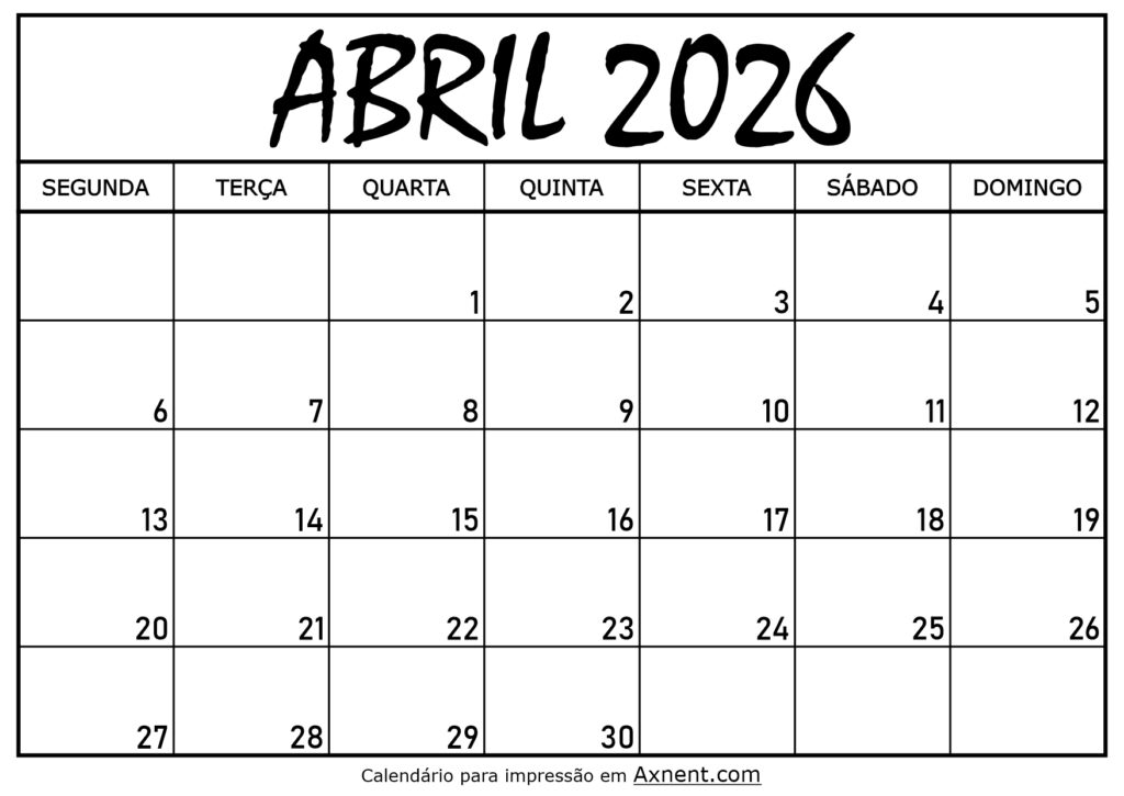 Calendário Mensal Abril 2026