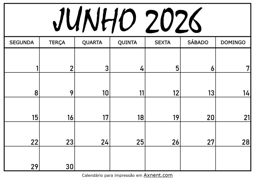 Calendário Mensal Junho 2026