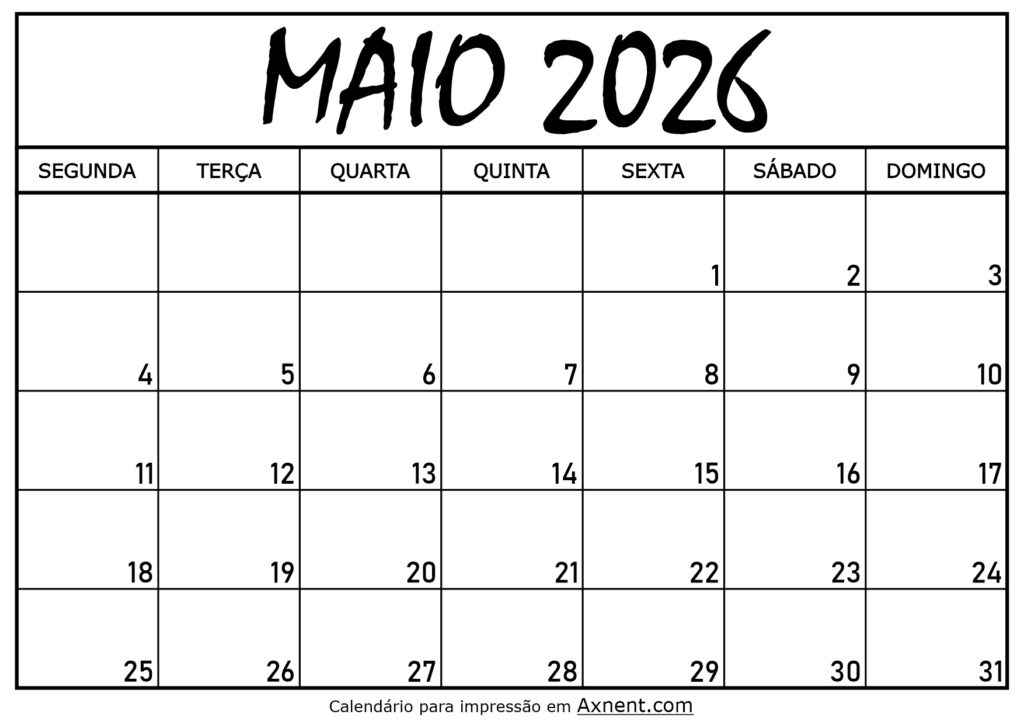 Calendário Mensal Maio 2026