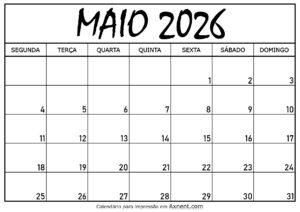 Calendário Mensal Maio 2026