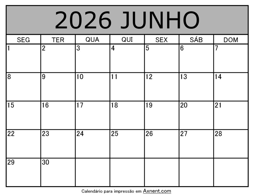 Junho De 2026 Calendario Imprimível