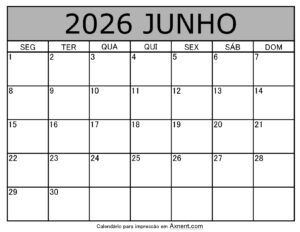 Junho De 2026 Calendario Imprimível