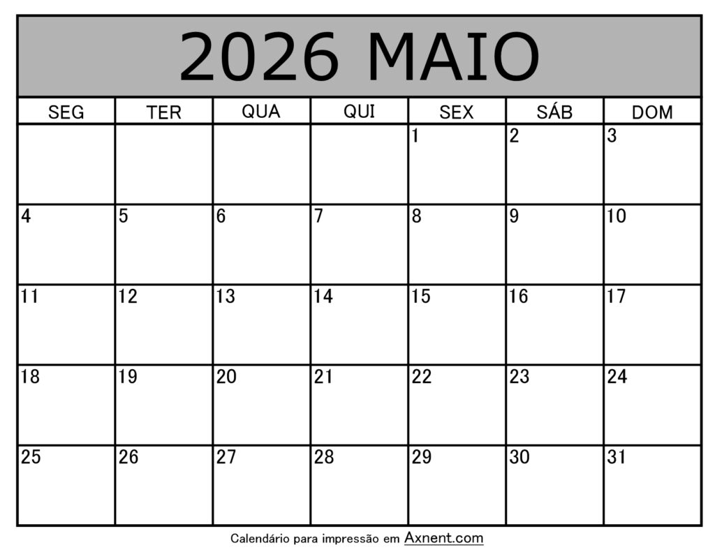 Maio De 2026 Calendario Imprimível