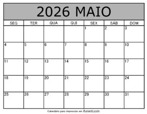Maio De 2026 Calendario Imprimível