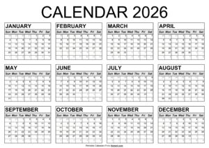 2026 Yearly Calendar