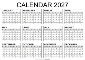 2027 Yearly Calendar