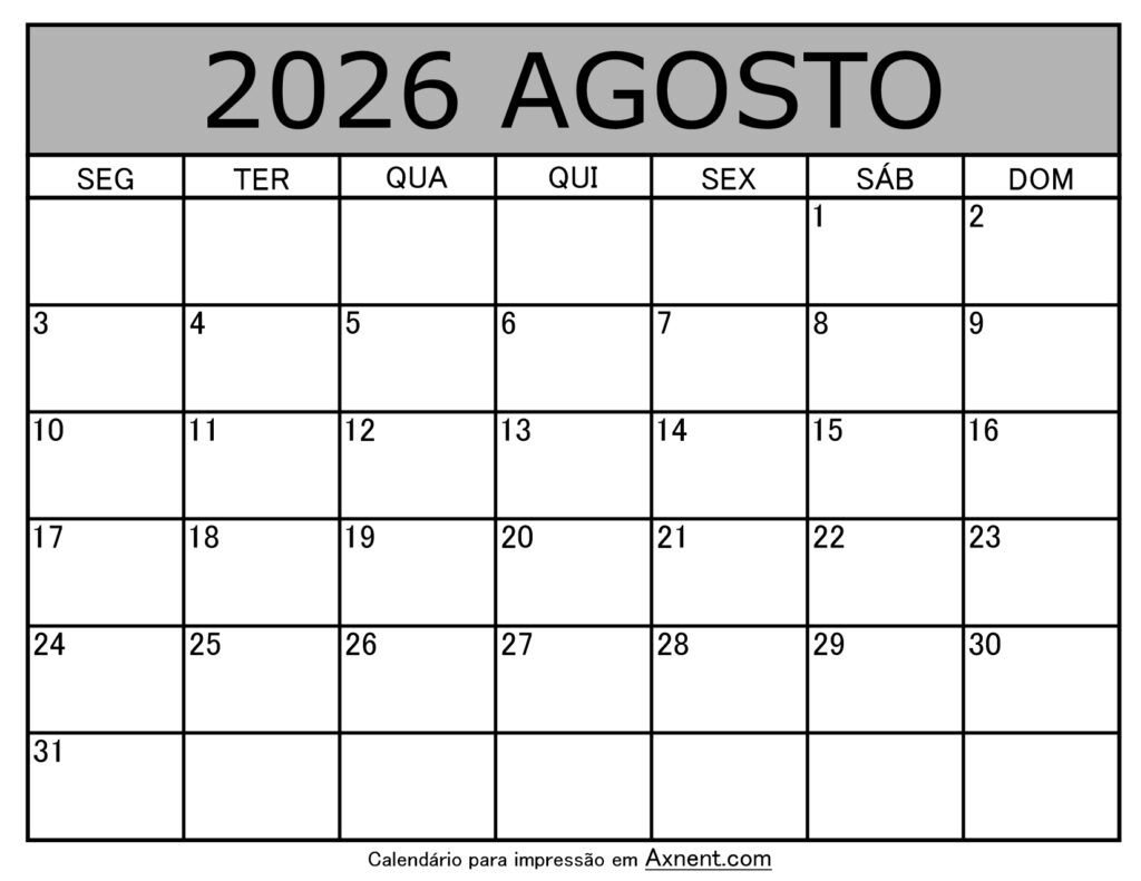 Agosto De 2026 Calendario Imprimível