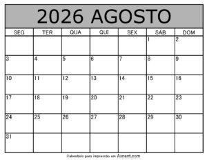Agosto De 2026 Calendario Imprimível