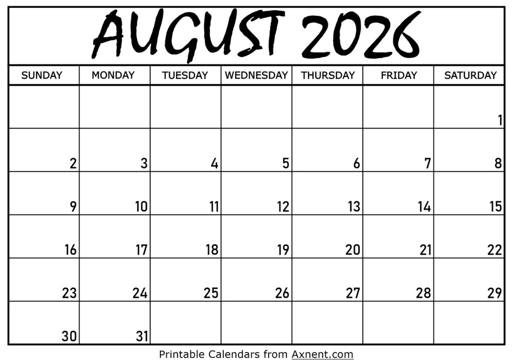 August 2026 Calendar Printable