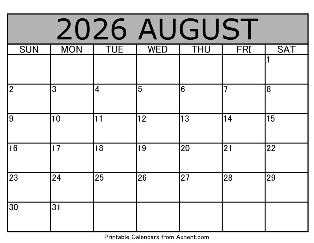 August 2026 Calendar Template