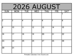 August 2026 Calendar Template