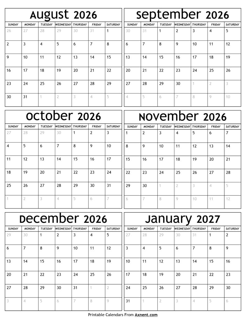 August 2026 to January 2027 Calendar