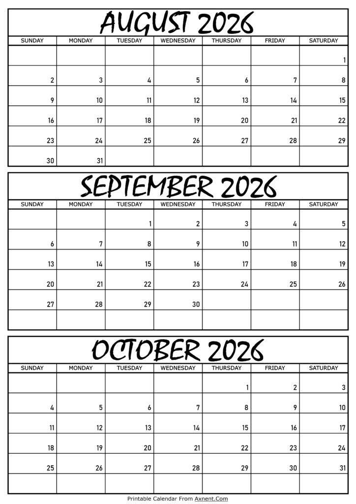 August September and October Calendar 2026