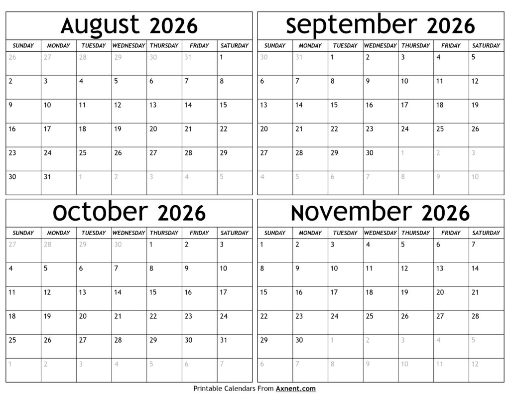 August to November 2026 Calendar