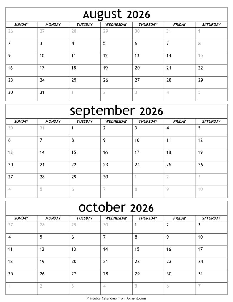 August to October 2026 Calendar