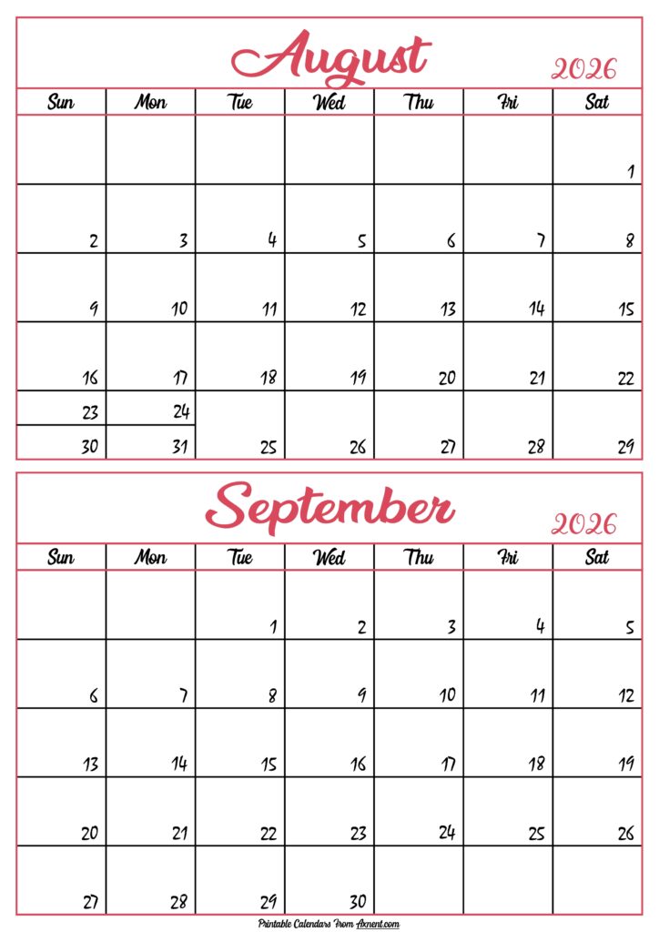Calendar 2026 August September