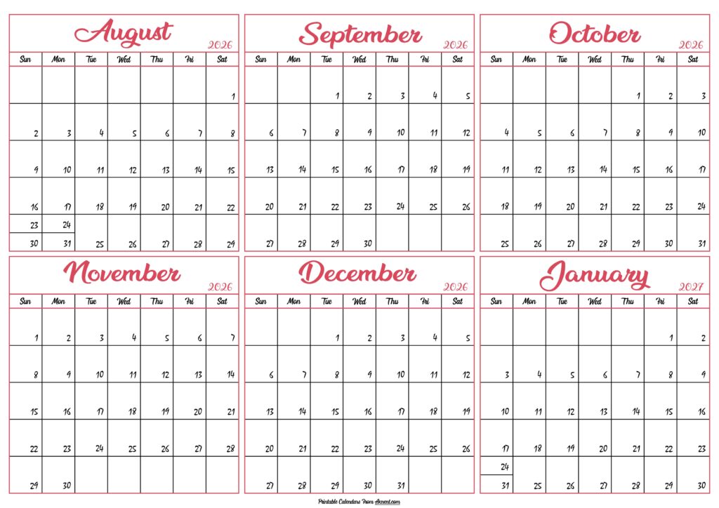 Calendar 2026 August to January 2027