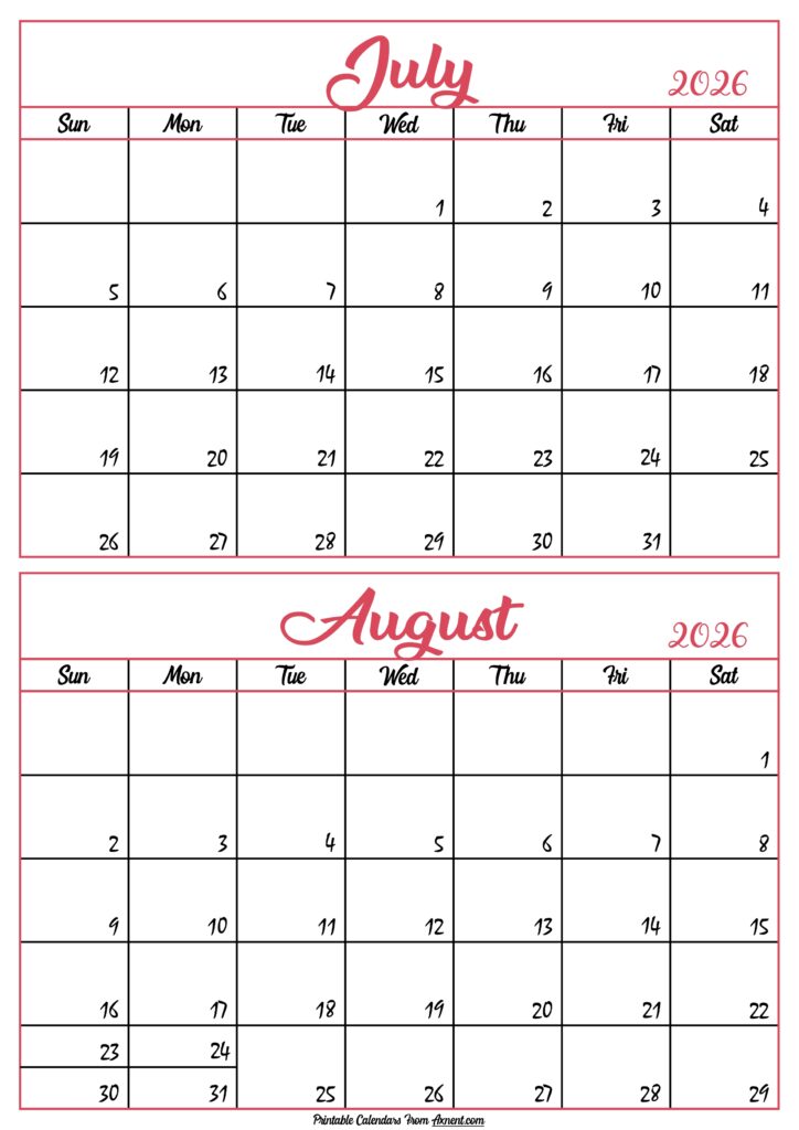 Calendar 2026 July August