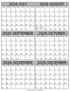 Calendar 2026 July to December