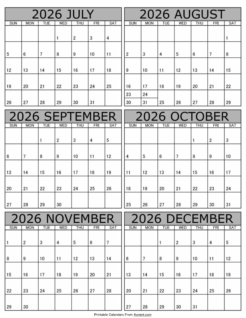 Calendar 2026 July to December