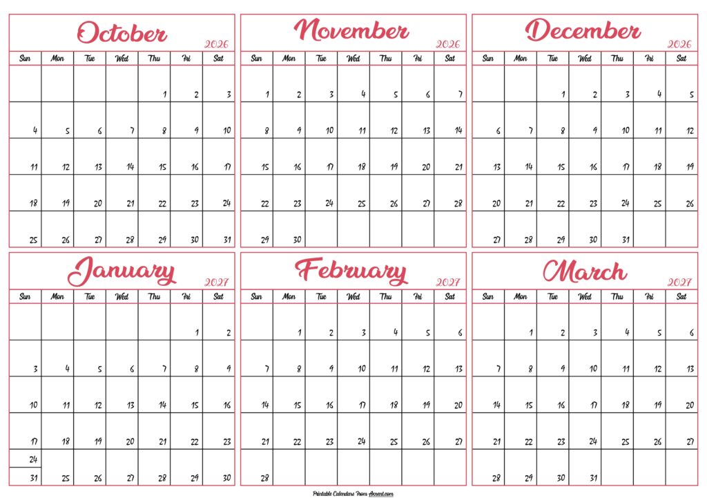 Calendar 2026 October to March 2027