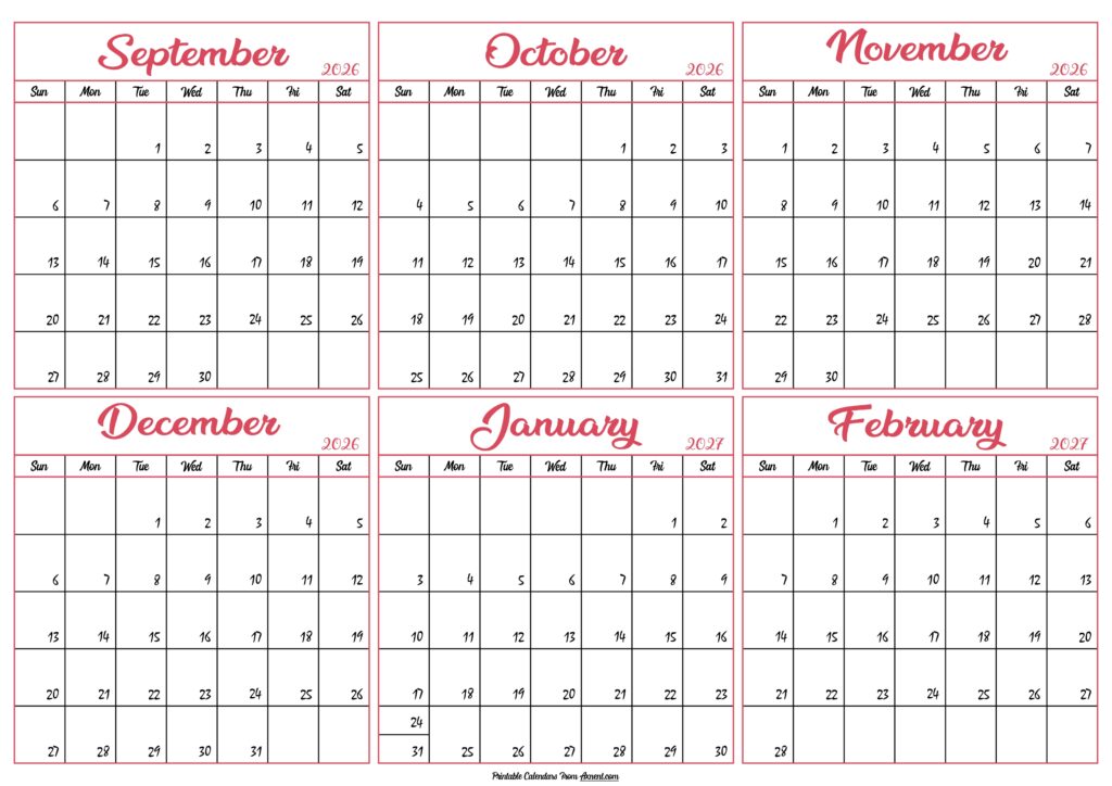 Calendar 2026 September to February 2027