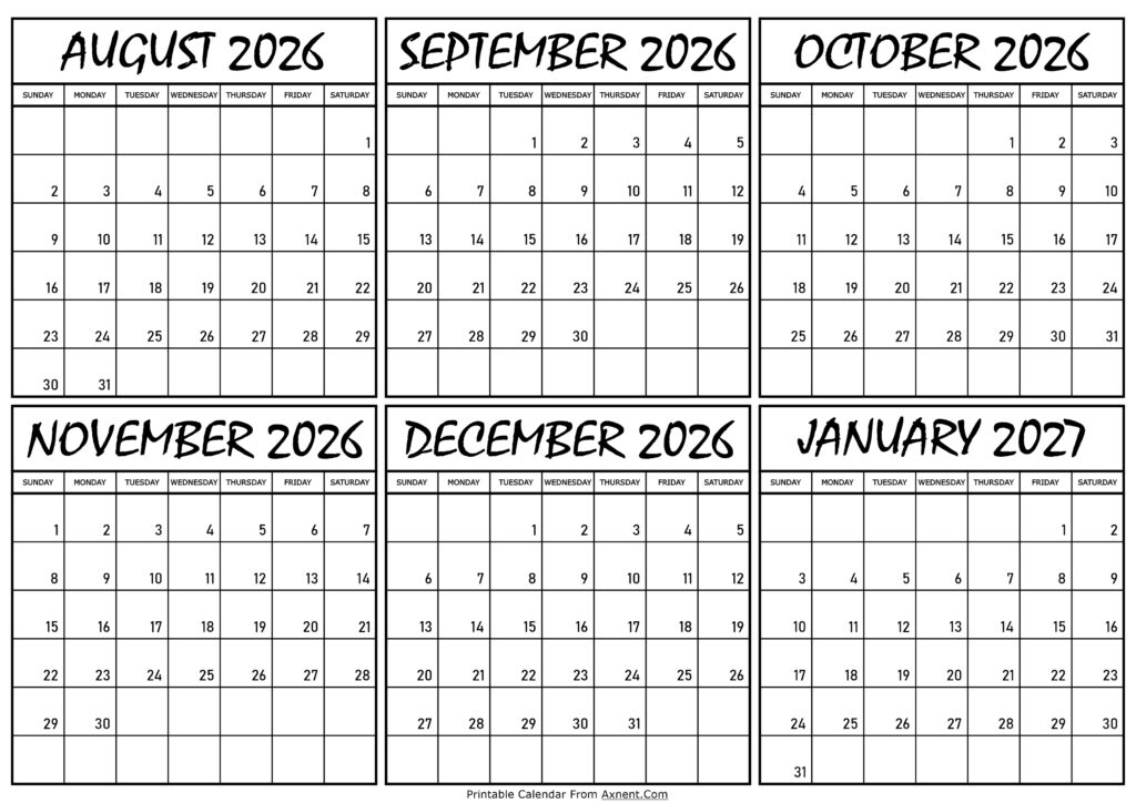 Calendar August 2026 to January 2027