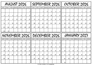 Calendar August 2026 to January 2027