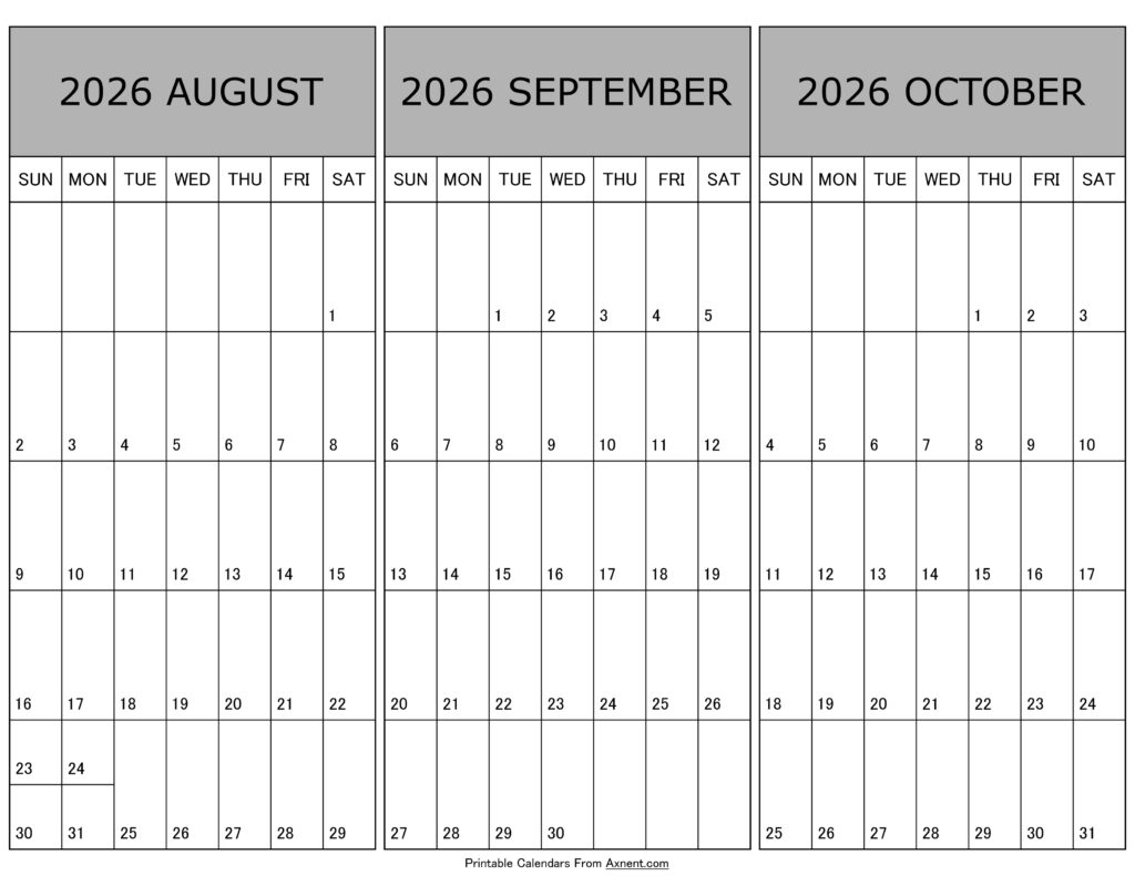 Calendar August September October 2026