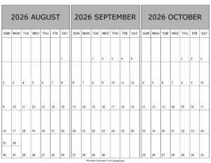 Calendar August September October 2026