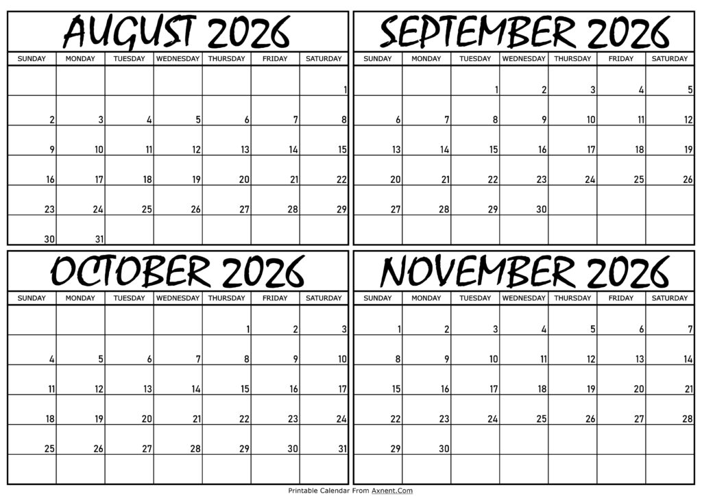 Calendar August to November 2026