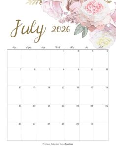 Calendar July 2026 Cute
