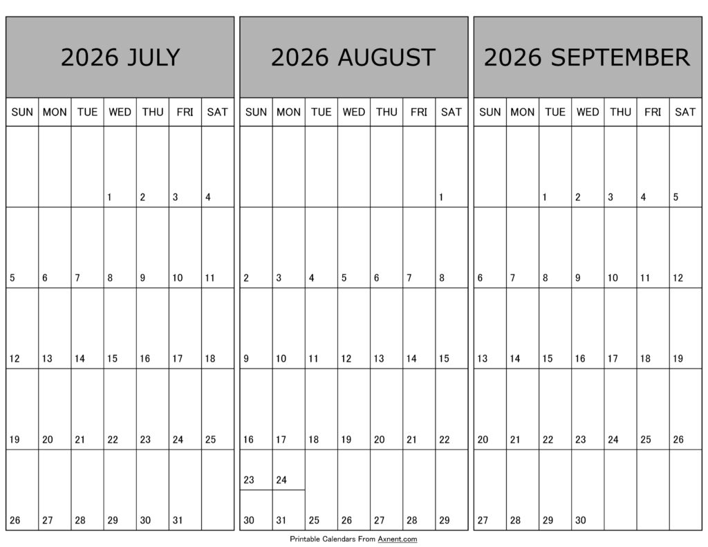 Calendar July August September 2026