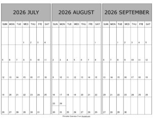 Calendar July August September 2026