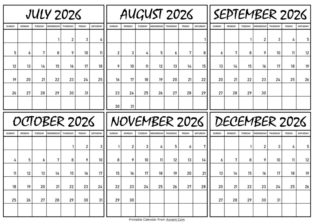 Calendar July to December 2026