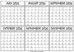 Calendar July to December 2026
