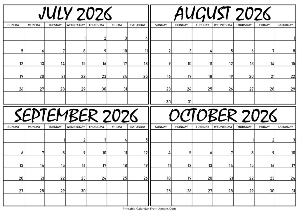 Calendar July to October 2026