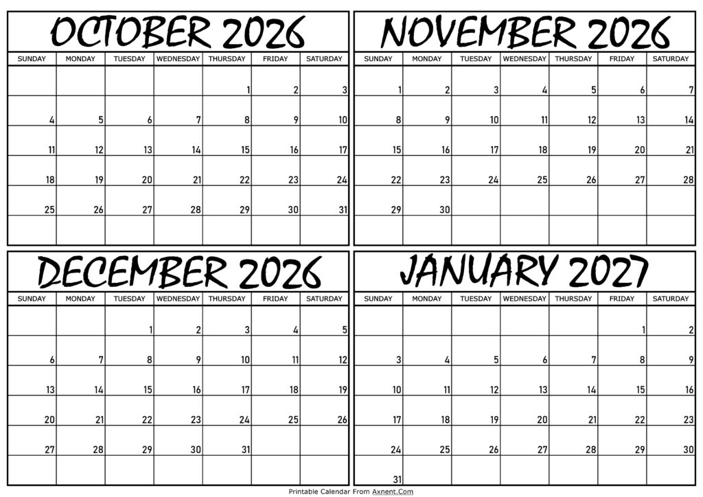 Calendar October 2026 to January 2027
