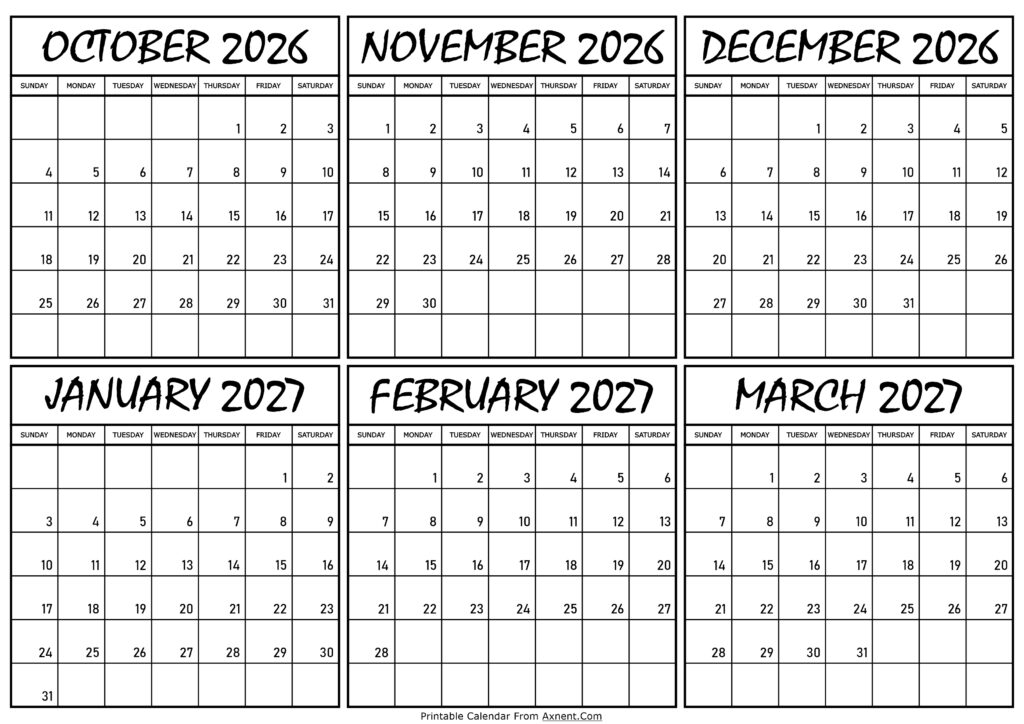 Calendar October 2026 to March 2027