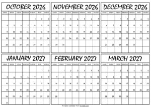 Calendar October 2026 to March 2027