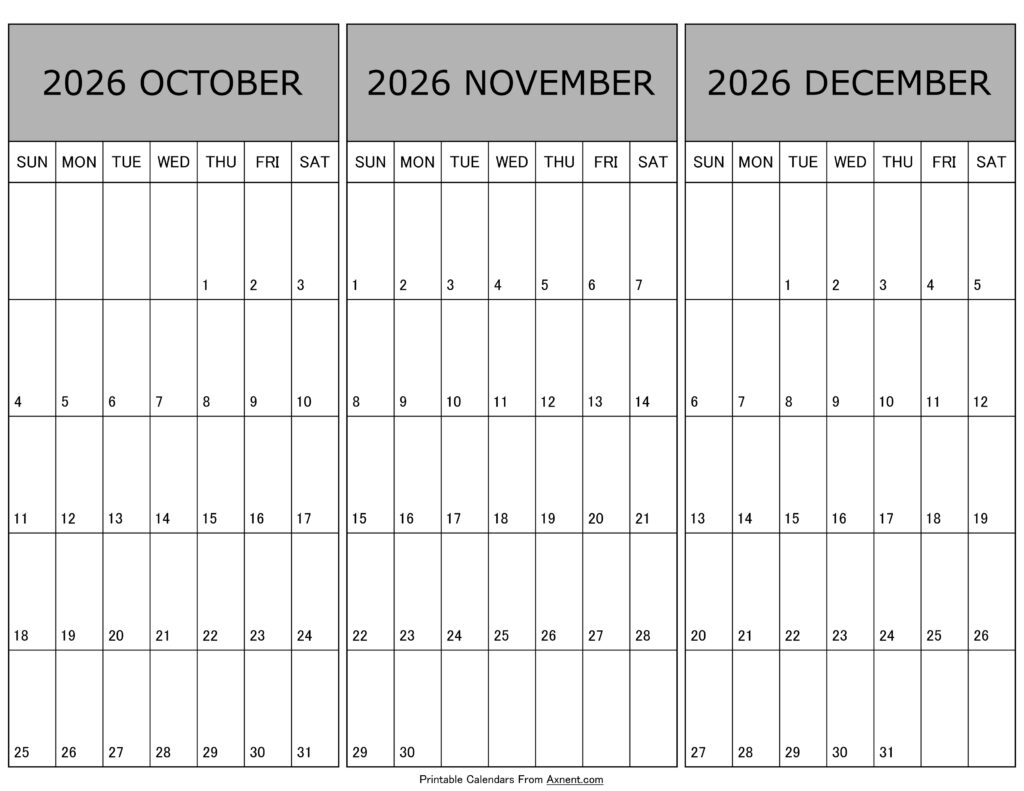 Calendar October November December 2026