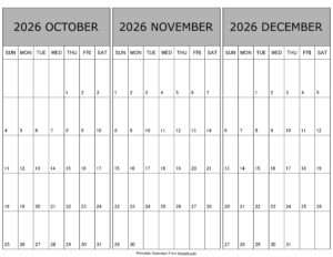 Calendar October November December 2026