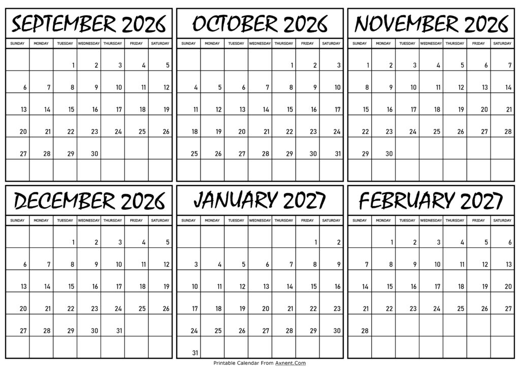 Calendar September 2026 to February 2027