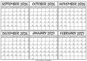 Calendar September 2026 to February 2027