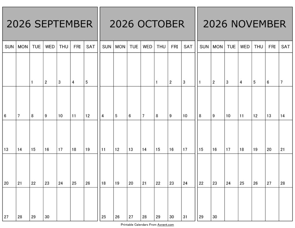 Calendar September October November 2026