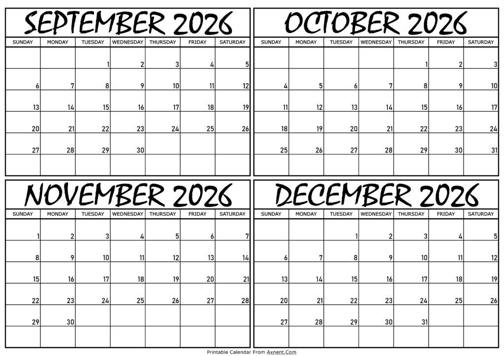 Calendar September to December 2026